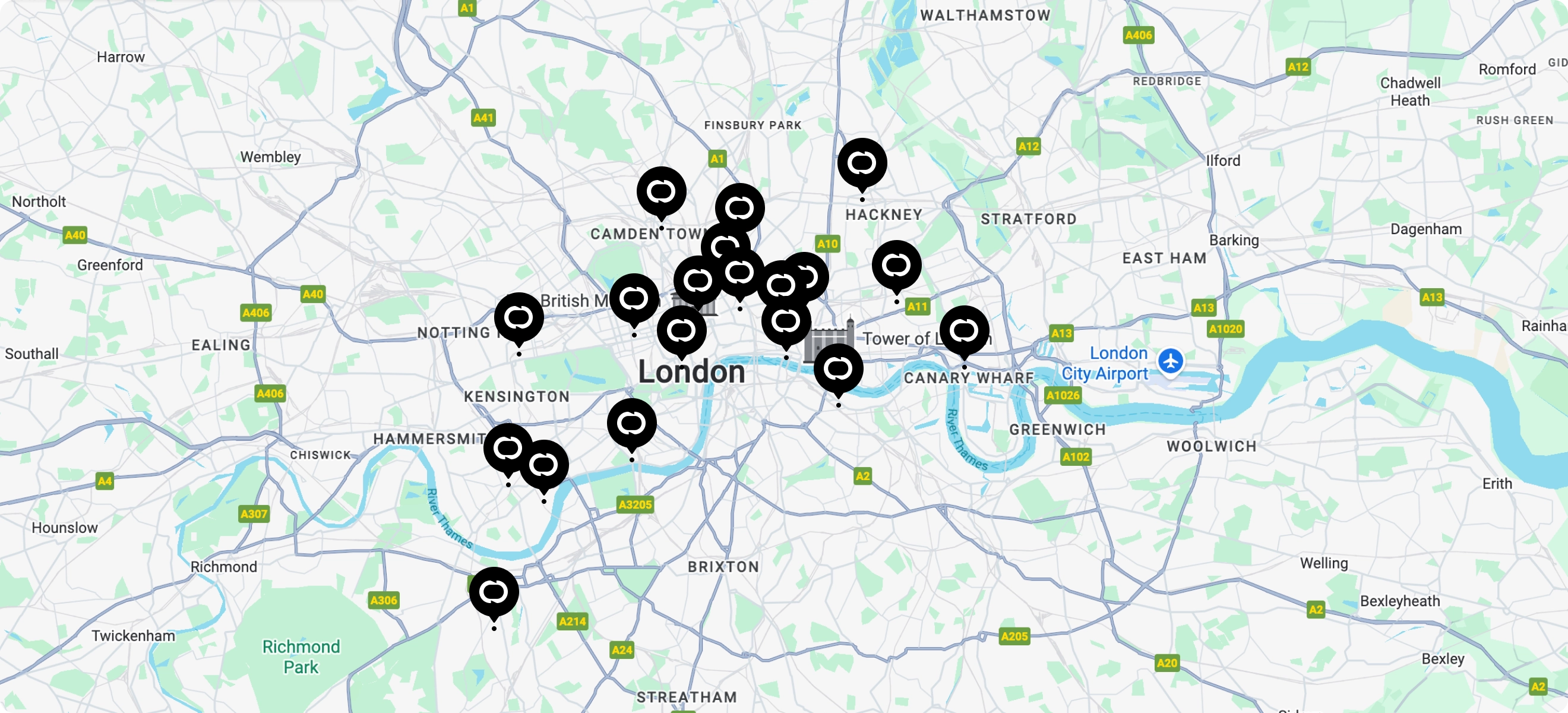 Map of PORT Hubs across London